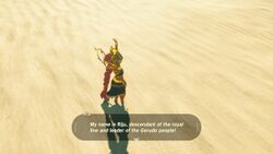 A screenshot of Riju standing with her arms outstretched in the Gerudo Desert. Her dialogue reads, "My name is Riju, descendant of the royal line and leader of the Gerudo people!"
