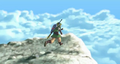Link preparing to dive off of Skyloft into the clouds below from Skyward Sword