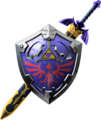 Artwork of the Master Sword in its Scabbard and the Hylian Shield