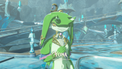 A screenshot of Yona at the Zora's Domain Square, which is afflicted by Sludge. Text on-screen displays her name, along with the title "Caretaker to the Zora".