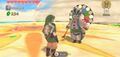 Link standing near Dodoh with the Party Wheel on his back from Skyward Sword
