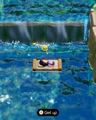A promotional screenshot of Zelda using an Old Bed near a Waterfall