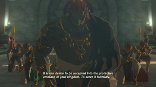 Ganondorf and his Gerudo entourage kneeling to Rauru.