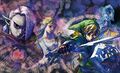 Promotional artwork for Skyward Sword HD featuring Link, Zelda, Fi, and Ghirahim