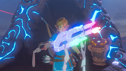 A screenshot of Link standing outside of an Ancient Shrine as the One-Hit Obliterator begins to glow.