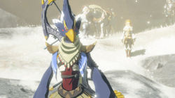 Revali stands at the edge of the Flight Range while it snows. Princess Zelda stands in the background.