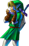 Adult Link playing the eponymous Ocarina of Time