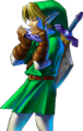 Artwork of adult Link playing the Ocarina of Time from Ocarina of Time