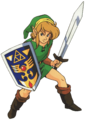 Link armed with the Fighter's Shield in official artwork (Game Boy Advance remake)