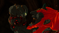 Demon King Ganondorf swallowing the Secret Stone of Darkness to undergo draconification