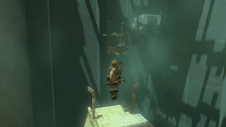 A screenshot of Link flying through the air within the Shrine after jumping on one of the Flying Ship sails.