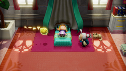 A screenshot of Impa and Tri speaking to each other in Zelda's Room. Between them, Zelda is a asleep in her Bed.