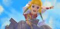 Zelda jumps off a ledge after Link's victory