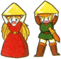 Link and Zelda holding up Triforces