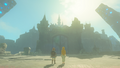 Link and Princess Zelda looking back at Hyrule Castle