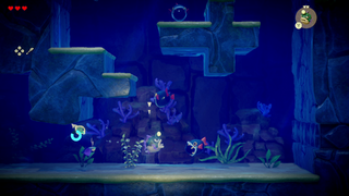 A screenshot of Zelda swimming underwater in a side-scrolling segment.