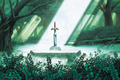 Artwork of the Master Sword resting in the Sacred Grove from A Link to the Past
