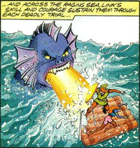 This is the only Zora to appear in all of Valiant's comics. The artist used a literal interpretation of the first game's Zora sprite's relative size compared to the Link sprite's size.