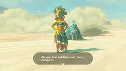 A screenshot of Riju wearing the Thunder Helm. Patricia can be seen in the distance. Her dialogue reads "Oh, wow! I can feel their power coursing through me!"