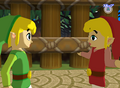 Green Link meeting red Link in the introduction to Navi Trackers from Four Swords Adventures