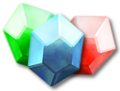 Render of a Green Rupee beside Blue and Red Rupees from Skyward Sword