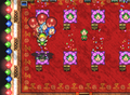 A trio of Tingle look-alikes (with one resembling Knuckle) transporting the Links to a Tingle's Tower Mini-Game in Four Swords Adventures