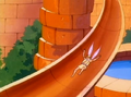 King Oberon going down a slide