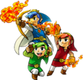 Red Link lighting blue Link's Arrow on fire from Tri Force Heroes
