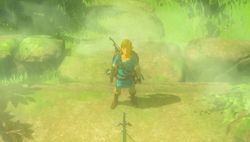 A screenshot of Link looking upwards as he stands before the Master Sword.