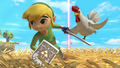 Toon Link fleeing from a Cucco from Super Smash Bros. Ultimate
