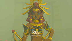 A screenshot of Riju at the North Gerudo Ruins during the Sand Shroud. Text on-screen displays her name, along with the title "Chief of the Gerudo".