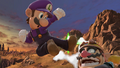 Luigi attacking Wario in the Bridge of Eldin Stage from Super Smash Bros. Ultimate