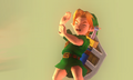 Link before being swept away by a fiery shockwave in Majora's Mask 3D