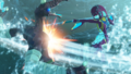 A promotional screenshot of Mipha fighting a Moblin with the Lightscale Trident from Hyrule Warriors: Age of Calamity