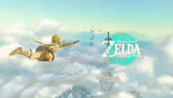 A screenshot of Link Skydiving toward the Great Sky Island. Both the Temple of Time and the Light Dragon are present in the background. The game's logo can be seen on the righthand side.