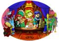 Artwork of the Links trying on Outfits from Tri Force Heroes