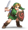 Link enfant dans Super Smash Bros. Ultimate avec l'Épée Kokiri et le Bouclier Mojo.