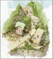 Un chemin avec des maisons dans Hyrule Historia.