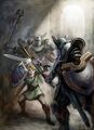 Artwork officiel, montrant Link dans un combat acharné contre une paire de Darknuts.