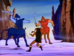 Link face à plusieurs Lynels dans le dessin animé.