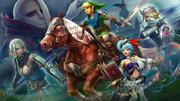 Tableau "Celle qui accourt" de plusieurs personnages d'Hyrule Warriors, débloqué en tuant les Skulltulas d'or du DLC Master Quest.