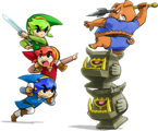 Artwork des Links combattants un moblin sur deux Armos.