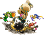 Les Héros Totem combattant le Champion Stalfos dans Tri Force Heroes.