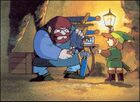 Artwork de Link qui achète des flèches au marchands dans The Legend of Zelda.
