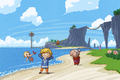 Artwork officiel représentant Link, Arielle et Mémé sur l'Île de l'Aurore.