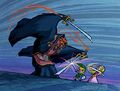 Link et la Princesse Zelda affrontant Ganondorf.