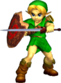 Link enfant dans Super Smash Bros. Melee avec l'Épée Kokiri et le Bouclier Mojo.
