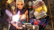 Sheik et Impa écoutant une fée dans Hyrule Warriors.