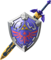 Artwork de l'épée de Légende, de son fourreau et du bouclier d'Hylia dans Twilight Princess HD.
